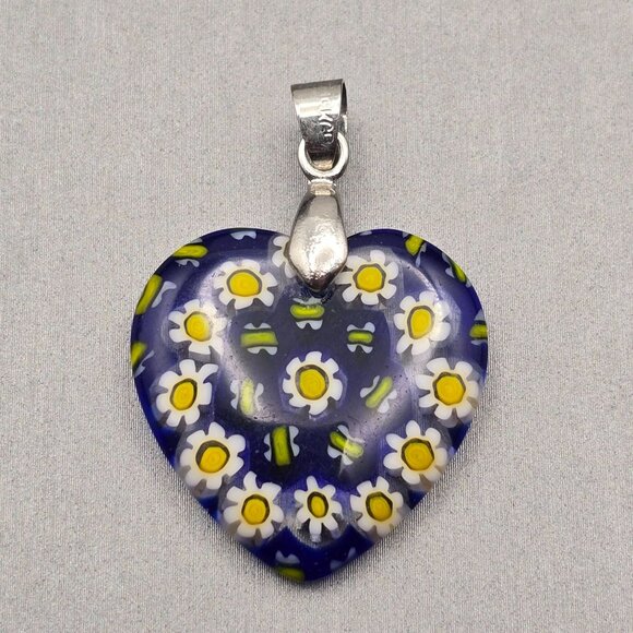 Murano Style Millefiori Heart Pendant 1.5" White Daisy Mosaic 18k GP Bail - Picture 5 of 10